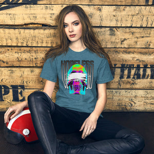 Blindfolded skull in thermal heat-map colors with bold chrome HOPELESS text, psychological horror design, Artificial Perdition apparel