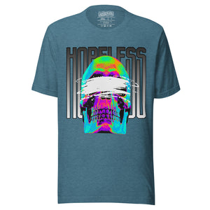 Blindfolded skull in thermal heat-map colors with bold chrome HOPELESS text, psychological horror design, Artificial Perdition apparel
