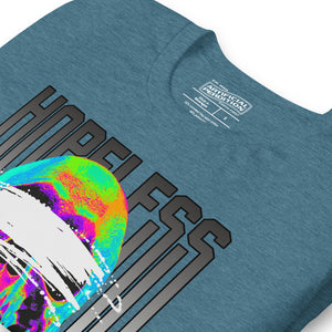Blindfolded skull in thermal heat-map colors with bold chrome HOPELESS text, psychological horror design, Artificial Perdition apparel