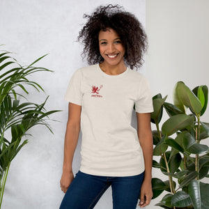 Artificial Perdition devil mascot, red illustrated devil mid-stride with trident and brand name, hand-drawn style on black, official logo tee