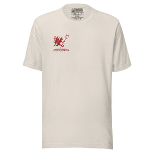 Artificial Perdition devil mascot, red illustrated devil mid-stride with trident and brand name, hand-drawn style on black, official logo tee