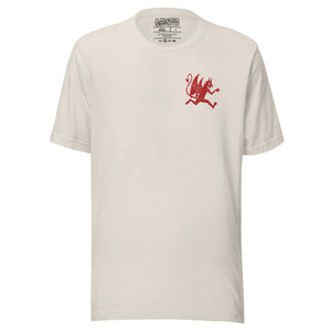 Artificial Perdition devil mascot, red illustrated devil mid-stride with trident and brand name, hand-drawn style on black, official logo tee