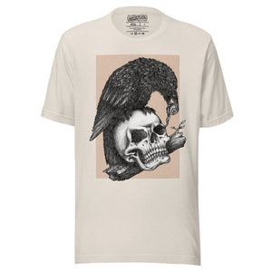 Graphite illustration of a black corvid perched on a human skull removing the eye, sprouting branch beside it, Last Look, Artificial Perdition apparel