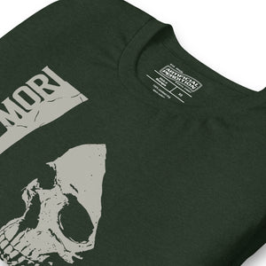 Cracked skull illustration in tombstone grey with vertical Memento Mori text and Remember Death translation, Artificial Perdition apparel