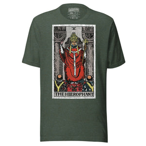 The Hierophant tarot card, triple-crowned figure seated between pillars with crossed keys and kneeling acolytes, Rider-Waite style, Artificial Perdition
