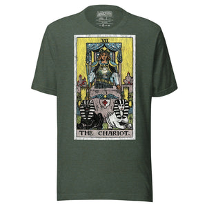 The Chariot tarot card, armored figure with starred crown riding chariot drawn by black and white sphinxes, city walls behind, Rider-Waite style, Artificial Perdition