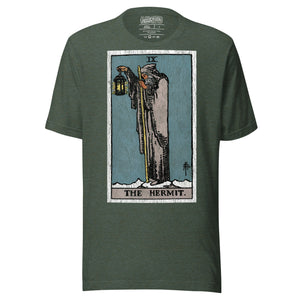 The Hermit tarot card, hooded robed figure on snowy summit holding a staff and lantern with star inside, Rider-Waite style, Artificial Perdition