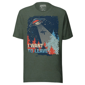 Retro poster style UFO beaming down into a midnight forest with I WANT TO LEAVE text, red and blue palette, Artificial Perdition apparel