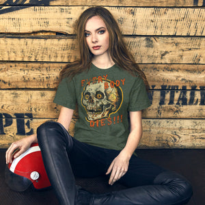 Die-cut skull with amber eyes and dripping orange horror font reading EVERY BODY DIES, vintage pulp style, Artificial Perdition apparel