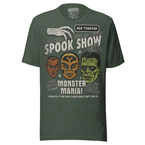 Vintage spook show poster style back print with three classic monster faces and Midnight Spook Show text, retro Halloween design, Artificial Perdition apparel