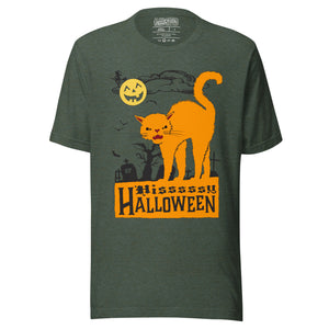 Orange arched Halloween cat hissing in graveyard scene with jack-o-lantern moon and bats, vintage poster style, Hissy Halloween, Artificial Perdition apparel