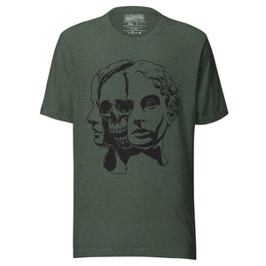 Split face illustration, half classical sculpture bust and half skull, black and white high contrast, Dead Inside, Artificial Perdition apparel