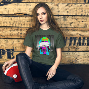 Blindfolded skull in thermal heat-map colors with bold chrome HOPELESS text, psychological horror design, Artificial Perdition apparel