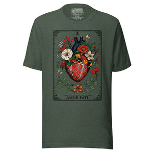 Tarot card illustration numbered X with an anatomical heart in bloom surrounded by wildflowers and vines, Amor Fati, Artificial Perdition apparel