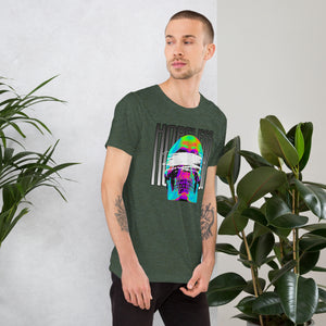 Blindfolded skull in thermal heat-map colors with bold chrome HOPELESS text, psychological horror design, Artificial Perdition apparel