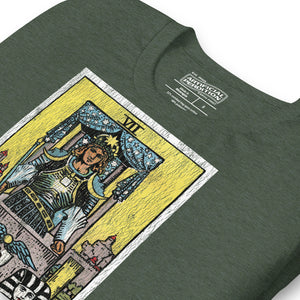 The Chariot tarot card, armored figure with starred crown riding chariot drawn by black and white sphinxes, city walls behind, Rider-Waite style, Artificial Perdition