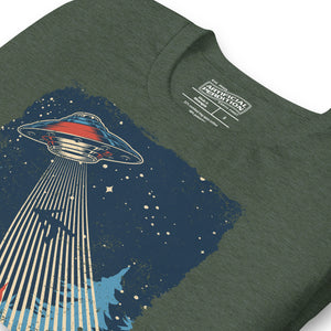 Retro poster style UFO beaming down into a midnight forest with I WANT TO LEAVE text, red and blue palette, Artificial Perdition apparel