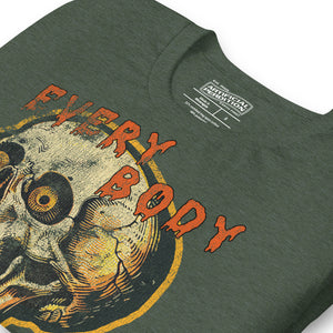 Die-cut skull with amber eyes and dripping orange horror font reading EVERY BODY DIES, vintage pulp style, Artificial Perdition apparel