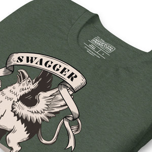 Rampant griffin in heraldic engraving style with Swagger banner ribbon, cream and black illustration, Artificial Perdition apparel