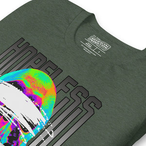 Blindfolded skull in thermal heat-map colors with bold chrome HOPELESS text, psychological horror design, Artificial Perdition apparel