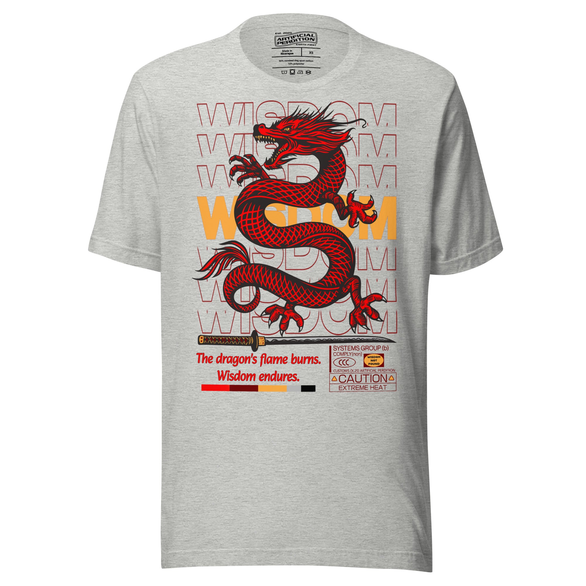 Red and black Chinese dragon with katana and WISDOM typography, bold graphic apparel design by Artificial Perdition