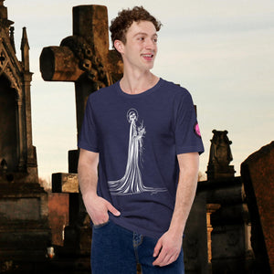 Man wearing a purple Skeletal Serenity Core Tee with minimalist Grim Reaper design, surrounded by weathered tombs and greenery.