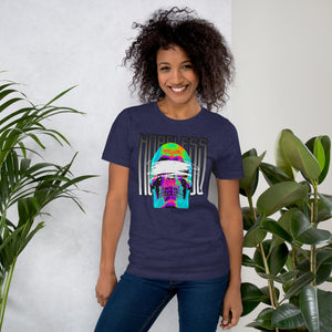 Blindfolded skull in thermal heat-map colors with bold chrome HOPELESS text, psychological horror design, Artificial Perdition apparel