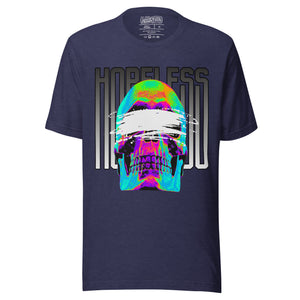 Blindfolded skull in thermal heat-map colors with bold chrome HOPELESS text, psychological horror design, Artificial Perdition apparel