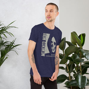 Cracked skull illustration in tombstone grey with vertical Memento Mori text and Remember Death translation, Artificial Perdition apparel