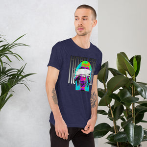 Blindfolded skull in thermal heat-map colors with bold chrome HOPELESS text, psychological horror design, Artificial Perdition apparel