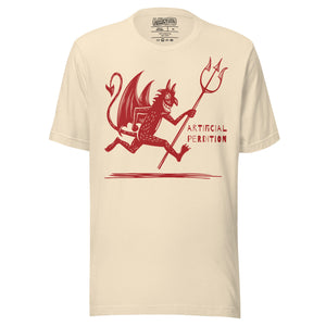 Artificial Perdition devil mascot, red illustrated devil mid-stride with trident and brand name, hand-drawn style on black, official logo tee