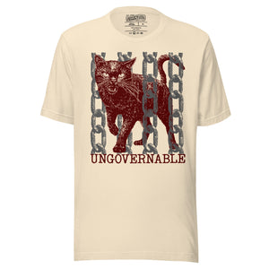 Product mockupSnarling cat breaking through chains with UNGOVERNABLE text, dithered halftone red on cream, Artificial Perdition apparel