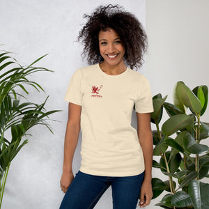 Artificial Perdition devil mascot, red illustrated devil mid-stride with trident and brand name, hand-drawn style on black, official logo tee