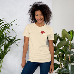 Artificial Perdition devil mascot, red illustrated devil mid-stride with trident and brand name, hand-drawn style on black, official logo tee