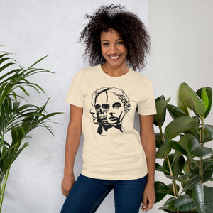 Split face illustration, half classical sculpture bust and half skull, black and white high contrast, Dead Inside, Artificial Perdition apparel