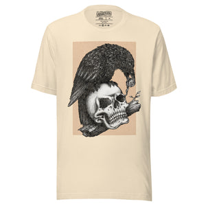Graphite illustration of a black corvid perched on a human skull removing the eye, sprouting branch beside it, Last Look, Artificial Perdition apparel