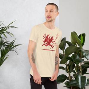 Artificial Perdition devil mascot, red illustrated devil mid-stride with trident and brand name, hand-drawn style on black, official logo tee