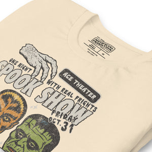Vintage spook show poster front print with three classic monster faces, Ace Theater and Monster Mania text, distressed style on black, Artificial Perdition apparel