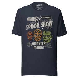 Vintage spook show poster front print with three classic monster faces, Ace Theater and Monster Mania text, distressed style on black, Artificial Perdition apparel