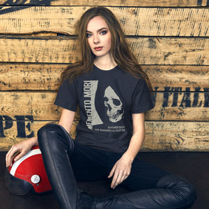 Cracked skull illustration in tombstone grey with vertical Memento Mori text and Remember Death translation, Artificial Perdition apparel