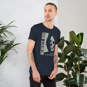 Cracked skull illustration in tombstone grey with vertical Memento Mori text and Remember Death translation, Artificial Perdition apparel