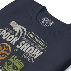 Vintage spook show poster front print with three classic monster faces, Ace Theater and Monster Mania text, distressed style on black, Artificial Perdition apparel