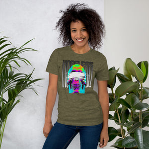 Blindfolded skull in thermal heat-map colors with bold chrome HOPELESS text, psychological horror design, Artificial Perdition apparel