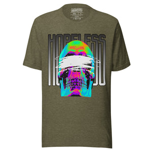 Blindfolded skull in thermal heat-map colors with bold chrome HOPELESS text, psychological horror design, Artificial Perdition apparel