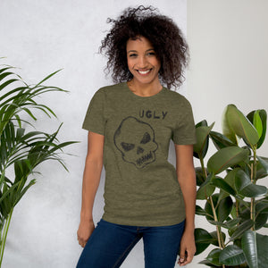 Crude hand-drawn skull with mismatched eye sockets and UGLY text in the upper corner, anti-polish graphic design, Artificial Perdition apparel