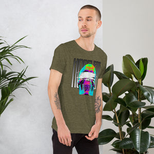 Blindfolded skull in thermal heat-map colors with bold chrome HOPELESS text, psychological horror design, Artificial Perdition apparel