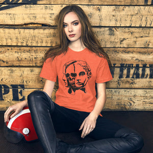 Split face illustration, half classical sculpture bust and half skull, black and white high contrast, Dead Inside, Artificial Perdition apparel
