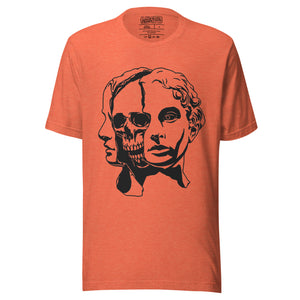 Split face illustration, half classical sculpture bust and half skull, black and white high contrast, Dead Inside, Artificial Perdition apparel