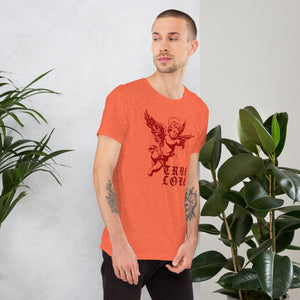 Red cherub angel with halo aiming rifle above blackletter True Love text, dark ironic tattoo flash style, Artificial Perdition apparel
