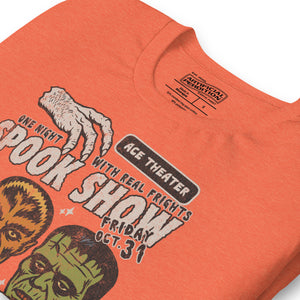 Vintage spook show poster front print with three classic monster faces, Ace Theater and Monster Mania text, distressed style on black, Artificial Perdition apparel
